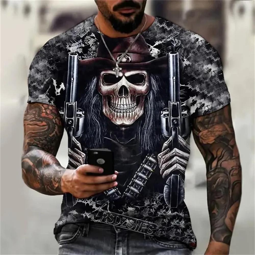 Summer Round Neck 3D Interesting and Terrifying Skull Pattern Print Top Fashionable Casual Short Sleeved Men's T-shirts