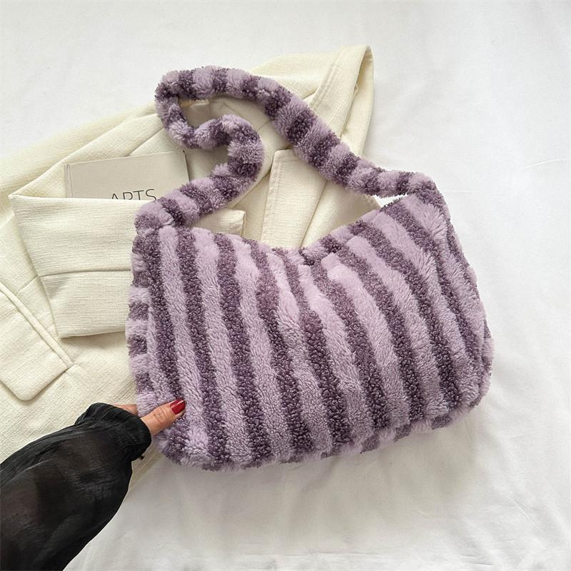 

Trendy Street Style Plush Tote Bag Soft Striped Shoulder Bag For Daily Use