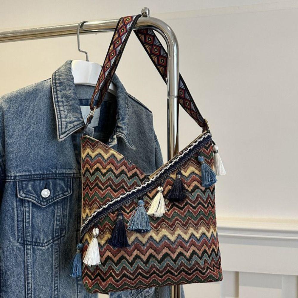 Large Capacity Bohemian Tote Bag Vintage Fringe Shoulder Bag Ethnic Style Crossbody Bags  Outdoor