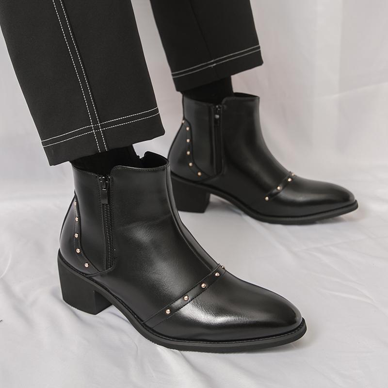 Men’s Short Boots Elevator Chelsea Boots Retro Tuxedo Ankle Boots Pointed Toe Retro Black Heel Boots Large Size