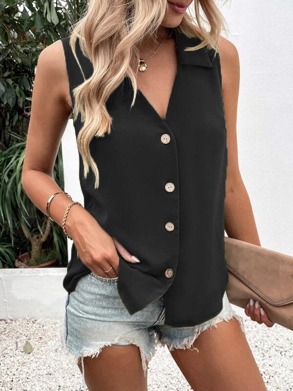 Summer new women's clothing, solid color V-neck loose chiffon shirt, sleeveless button-down vest shirt women's