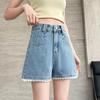 Blaue Jeans-Shorts mit hoher Taille und weitem Bein mit Spitze - Damen Übergröße Sommer Lässig