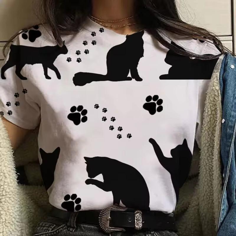 3D-tryckt söt djur-t-shirt för kvinnor roliga kattgrafiska t-shirts sommarmode överdimensionerade t-shirts kortärmade toppar med rund hals