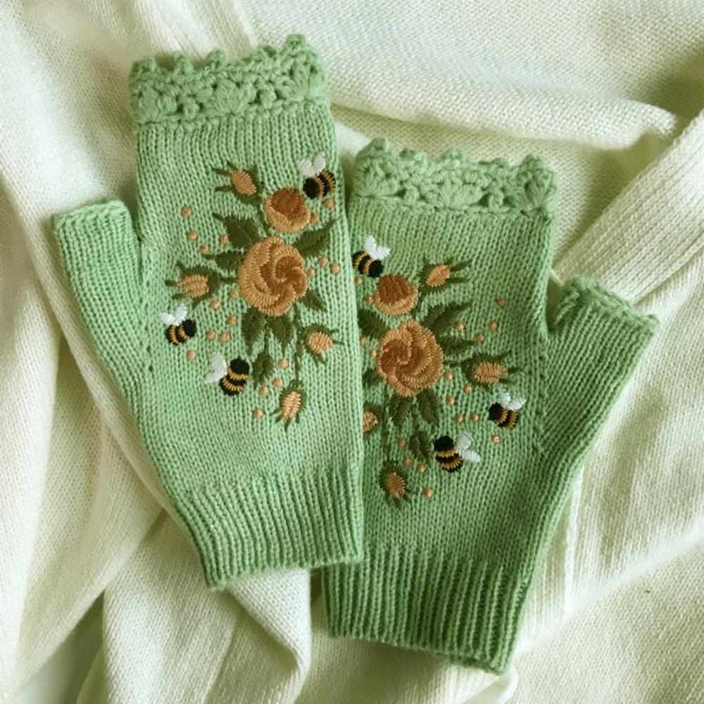 Vintage Embroidery Knitted Gloves Floral Fingerless Gloves All-Match Winter Wool Gloves  Outdoor