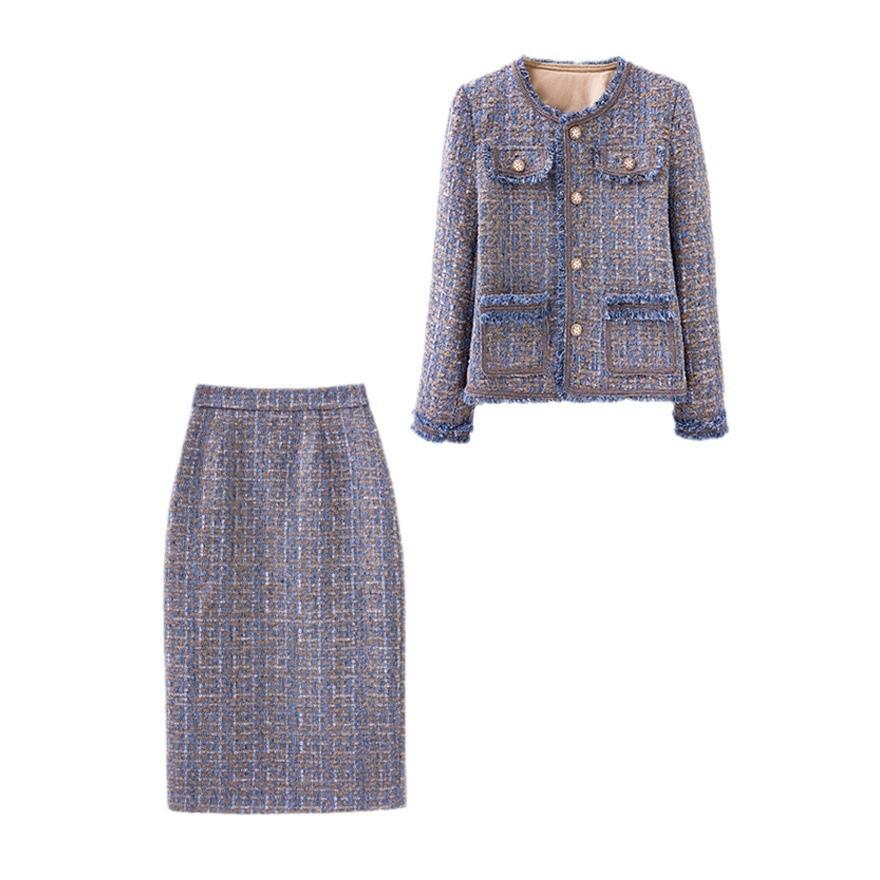 Design suit women's autumn and winter new fashion temperament celebrity thick flower hip skirt two-piece set