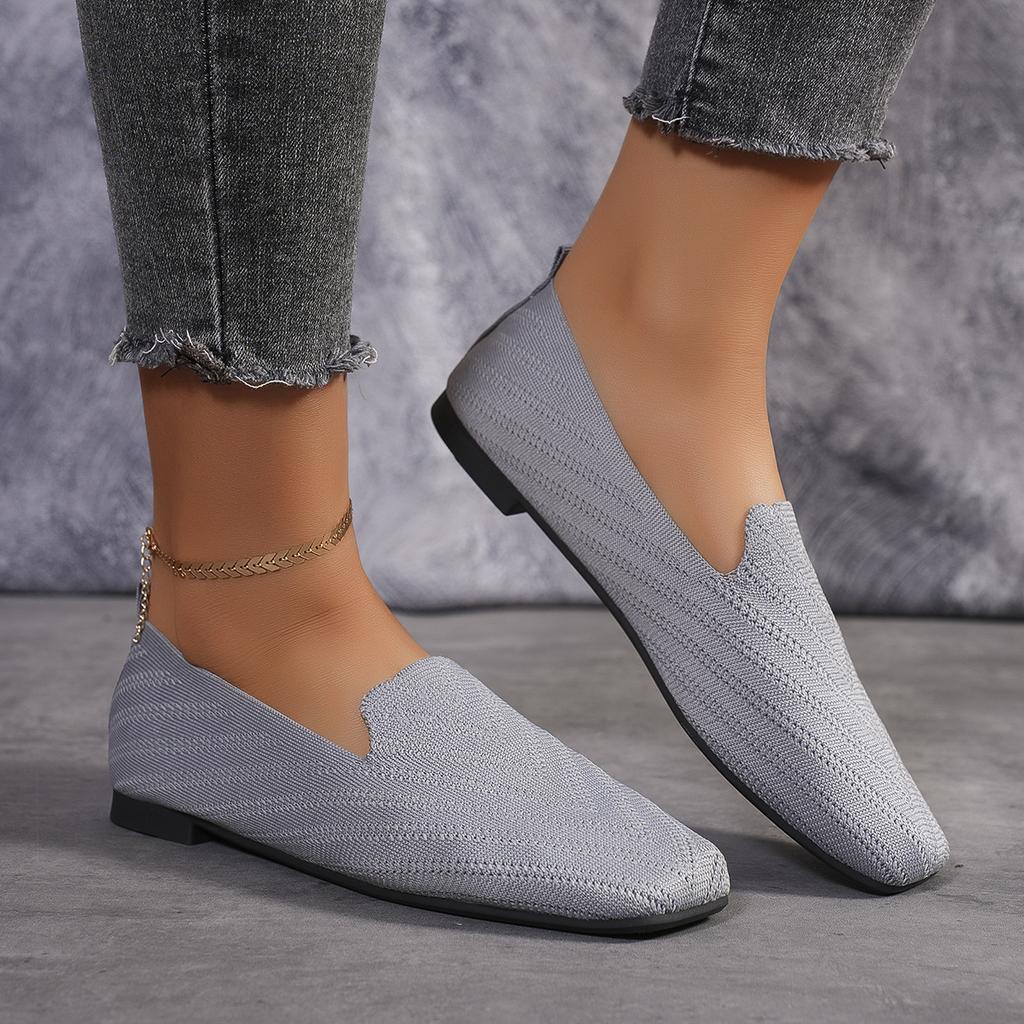 Novos mocassins de malha com bico quadrado de cor sólida, sapatos baixos rasos para mulheres, sapatos baixos de malha com fundo macio, sapatos casuais sem cadarço, sapatos de barco