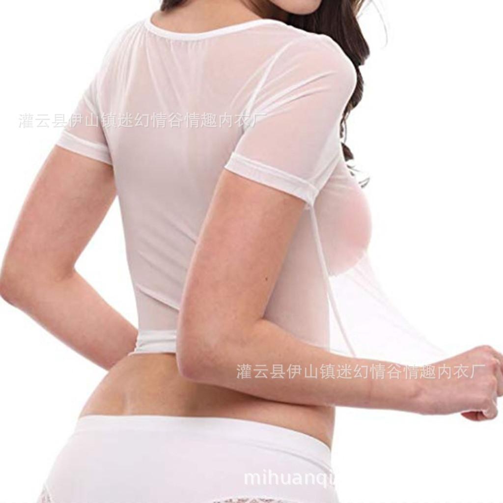 New erotic lingerie two-piece women's short-sleeved mesh see-through cropped top