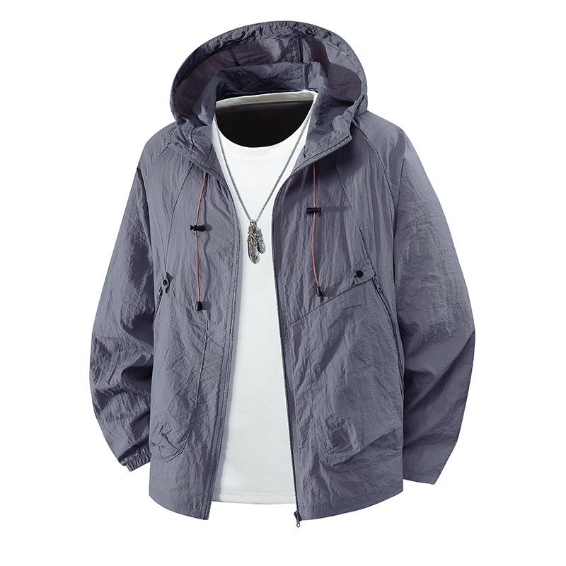 

Spring Autumn Solid Color Loose Casual Zipper Coat Male Sunscreen All-match Hooded Jacket Cardigan Top Men M сірий