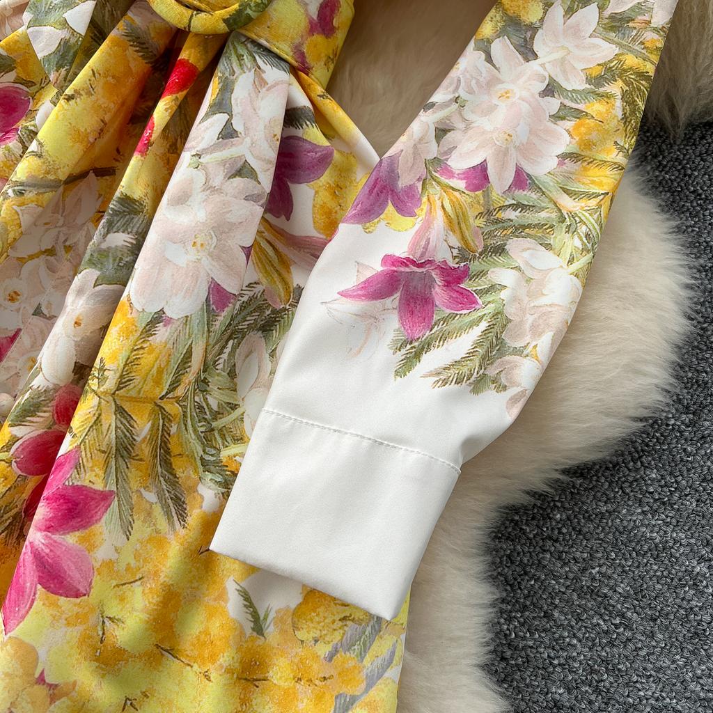 Spring Autumn Women Vintage Print Lace-up Collar Single Breasted Long Maxi Holiday Party Dresses with Belt