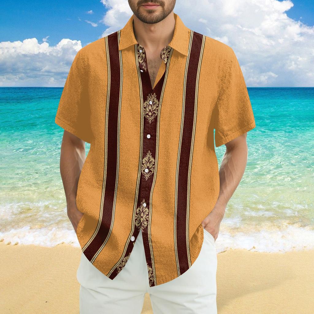 Herren Modisches Lässiges Lockeres Gestreiftes Bedrucktes Strand Kurzarmhemd