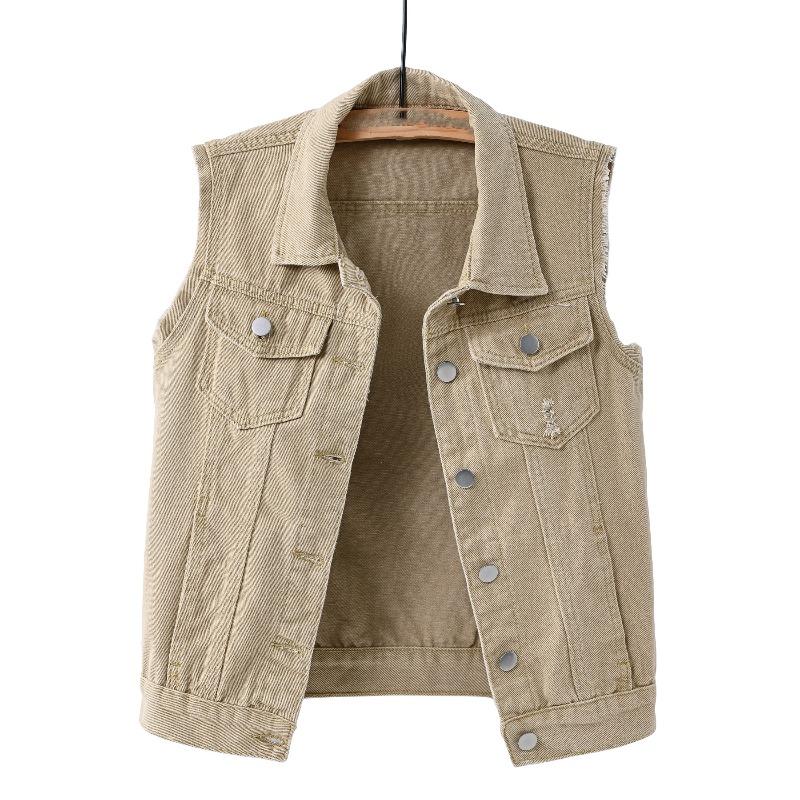 Women Denim Vest Autumn Winter Solid Casual Turn Down Collar Pocket Sleeveless Short Jean Coat Streetwear