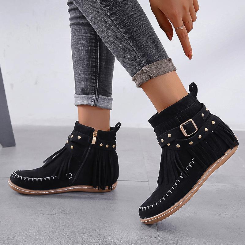 Ankle Boots Women's Flat Shoes Fringed Gothic Female Sneakers Woman Cowgirl Luxury Elegant Belt Buckle Rivet Plus Size 43 Socofy