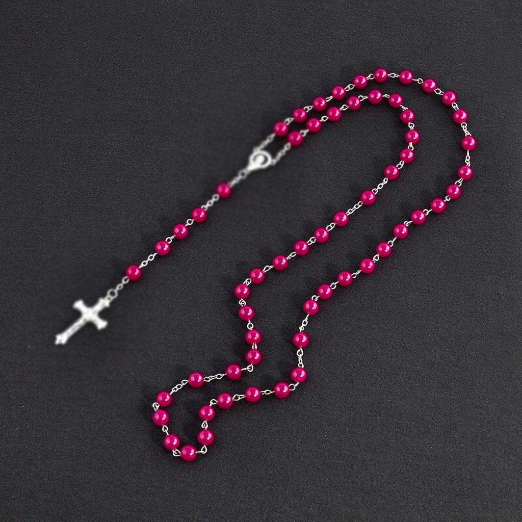 European-Style Handmade Imitation Pearl Cross Rosary Necklace, Unisex Sweater Chain Pendant