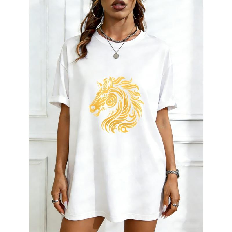 

Oversized T Shirt Black Horse Head Print Casual Wear For Women XXXXL білий