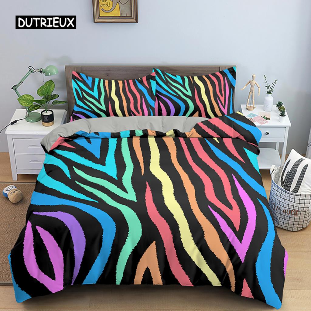 Geometrisch bedrucktes Bettwäscheset Bunter Streifen-Bettbezug für Kinder Kinder Steppdeckenbezug 2/3-teilig Mikrofaserstoff Heimtextil