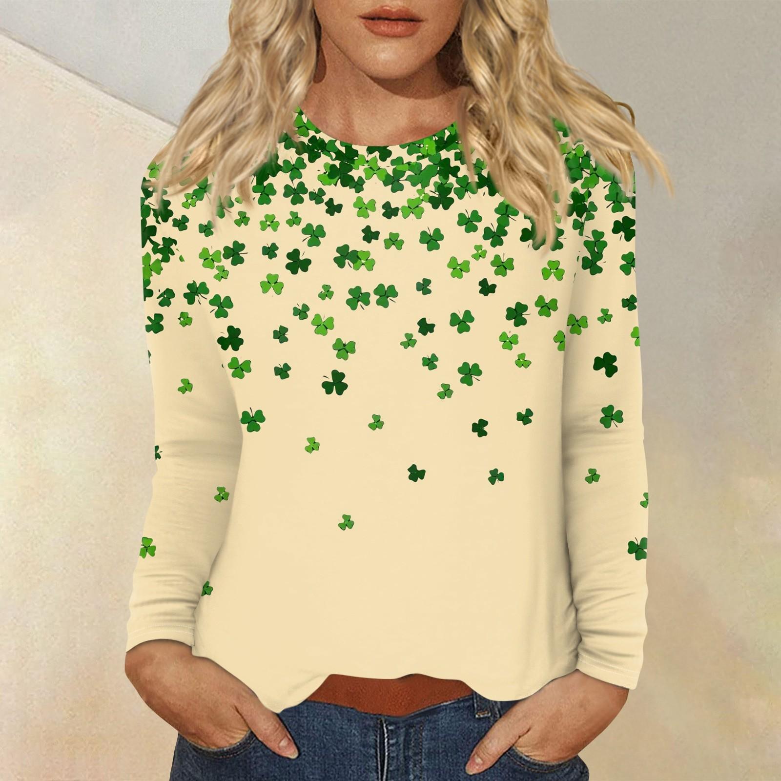 

Женская повседневная повседневная рубашка с длинным рукавом. Топ с круглым вырезом и принтом ко Дню Святого Патрика L бежевый