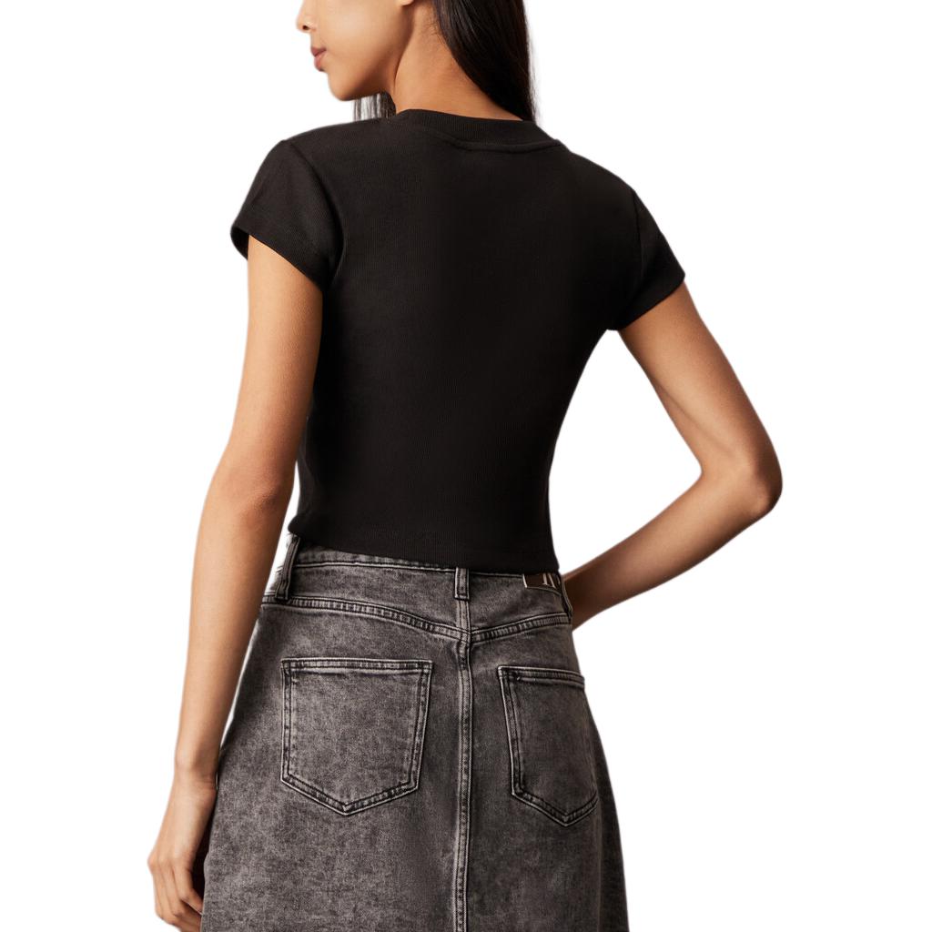 Calvin Klein Comfortable Letter Print Ribbed Knit Round Neck Short Sleeve T-Shirt Women Tops Black J224948-BEH