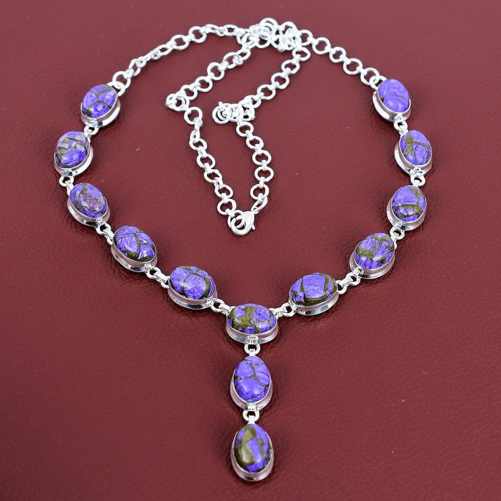 Copper Charoite Necklace Original Gemstone Necklace 925 Sterling Silver Necklace Adjustable Chain Necklace Handmade Jewelry Gifts for Mother