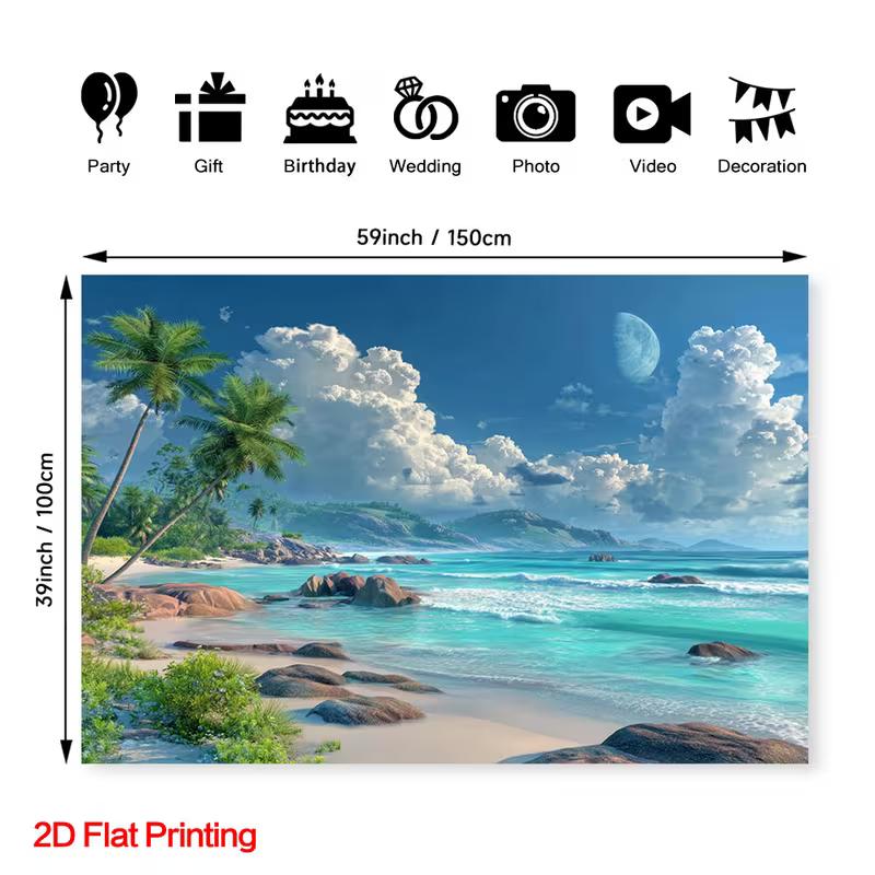 2D Exotic Island Beach Backdrop for Tropical & Vacation Themed Celebrations