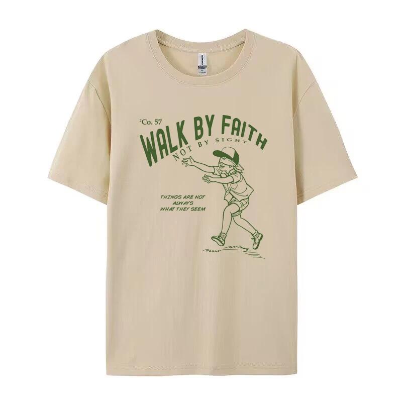Walk by Faith Bible Verse Streetwear Graphic Tees Loose Vintage Religious TShirt Jesus Faith Shirt Women Unisex Christian Apparel