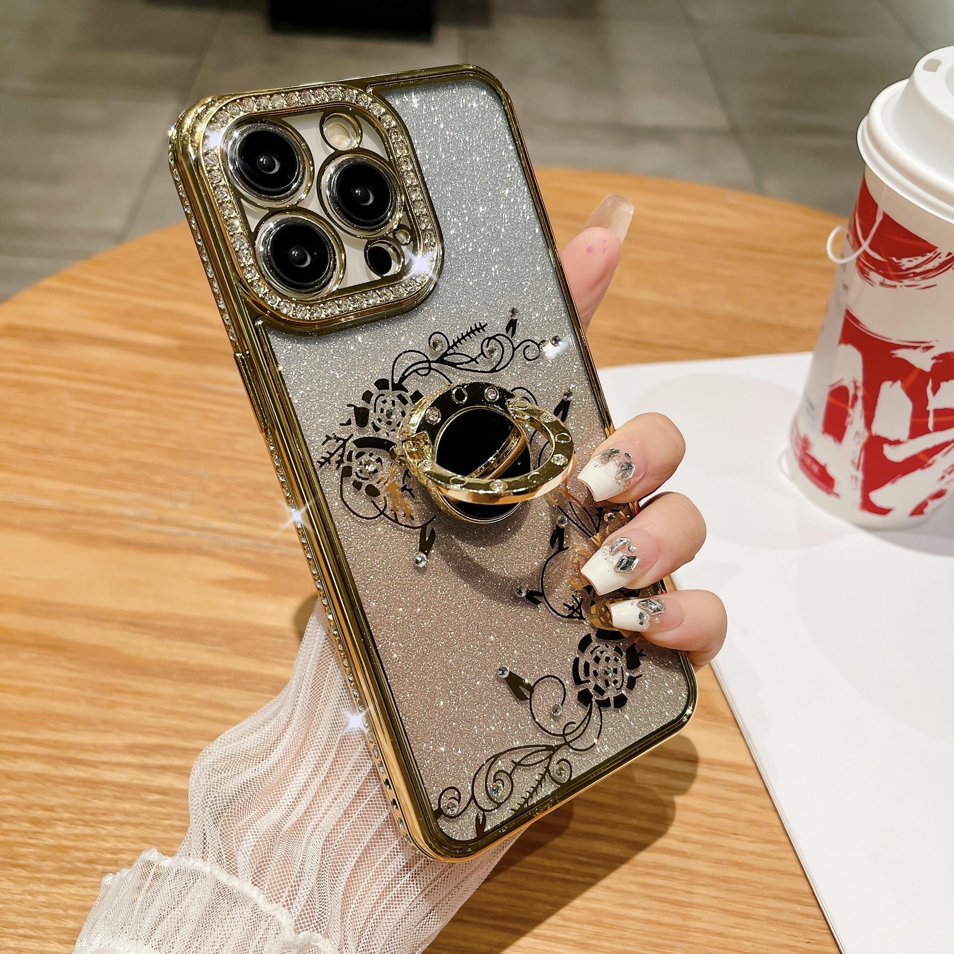 

Подставка с бриллиантовым блеском Вода подходит для чехлов iPhone15, Apple 14promax с полной защитой, противоударный 13, розовый 12 Apple 12Promax золотой