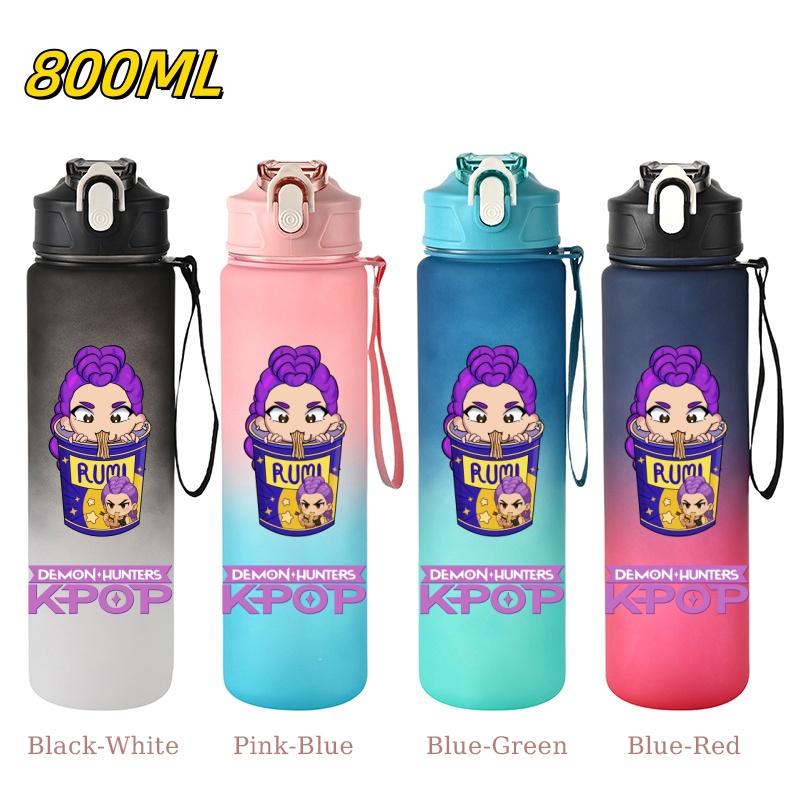 800ML KPop Demon Hunters Gradient Cartoon Print Large Capacity Straw Water Cup Outdoor Portable Sports Drink Bottles Travel Mug