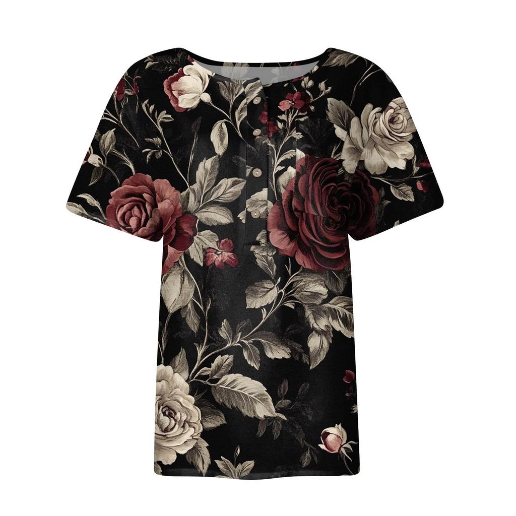 Women's Fashion Casual Short Sleeve Print Round Neck Pullover Top Blouse