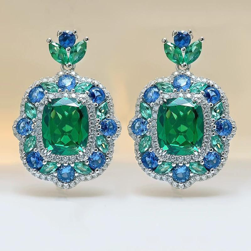 Simulation Retro Colored Treasure Pendant Necklace Colored Treasure Earrings Set Jewelry Emerald Female Stud Earrings Zircon Ring