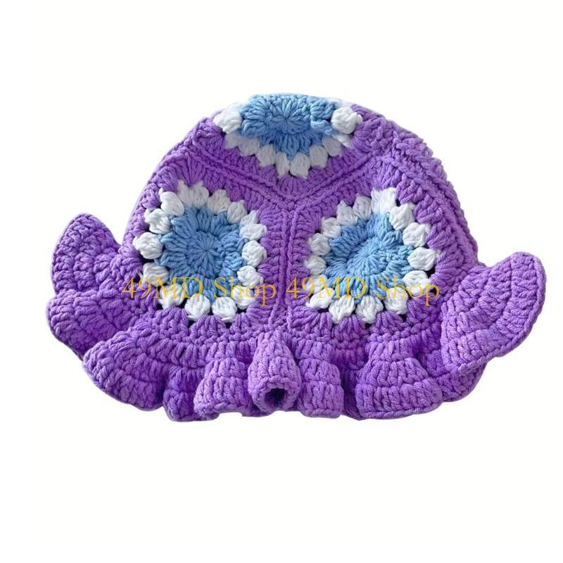 49MD Handmade Crochet Ruffled Brim Bucket Hat for Women and Girl Soft Polyester Winter Fashion Accessory Flower Fisherman Hat