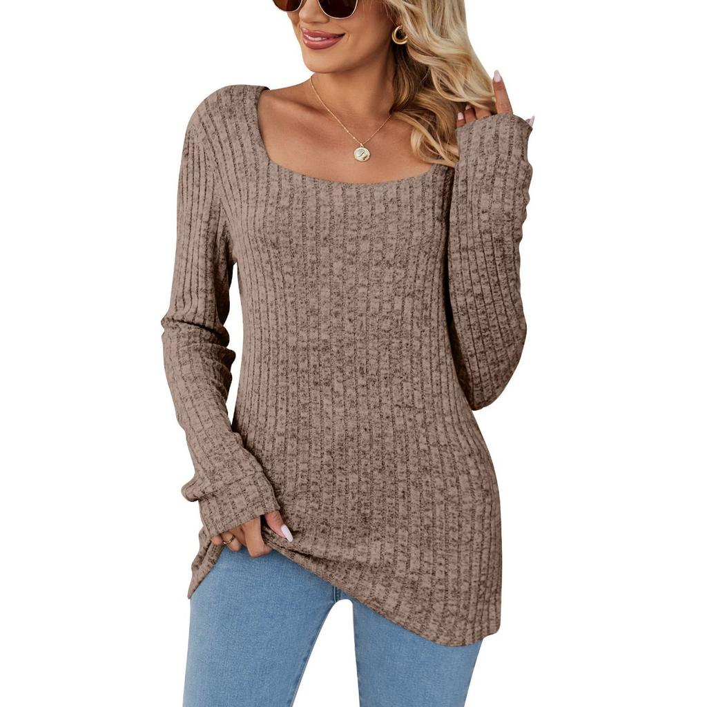 New Women's Long Ribbed Modal Top, Fall Winter Square Neck Fleece Lined Casual Long Sleeve Top, European American Style Women's Clothing