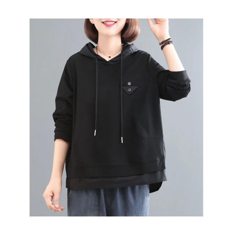 Pure Cotton Long-sleeved Sweatshirt for Women 2025 New Autumn Korean Loose Splicing Temperament Hooded Pullover Top