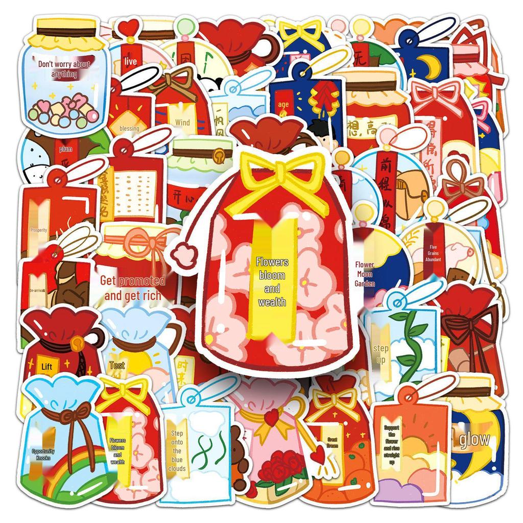 50 Personalized Lucky Bags: Chinese Style Hand-Painted Blessings with Creative Decor - Water Cups, Suitcases, Phone Cases, Stickers.