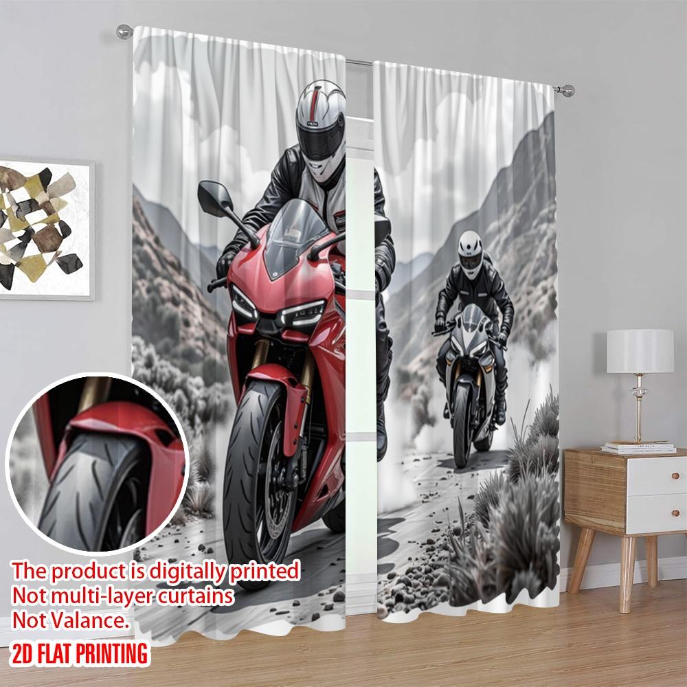 2pcs,2D plane printing Window Curtain Mountain Riders Polyester (without rod) All Seasons Use for Living Room & Office Decor
