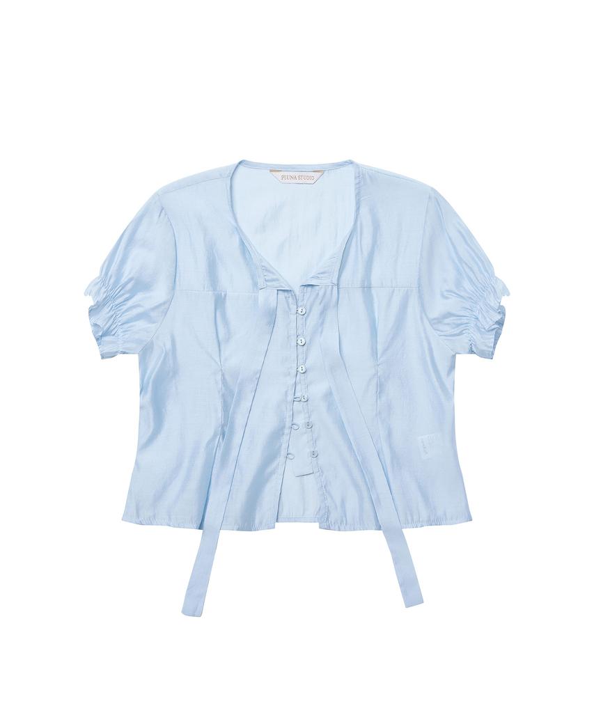 PLUNASTUDIO Puff Tie Short Sleeve Blouse (Sky Blue)