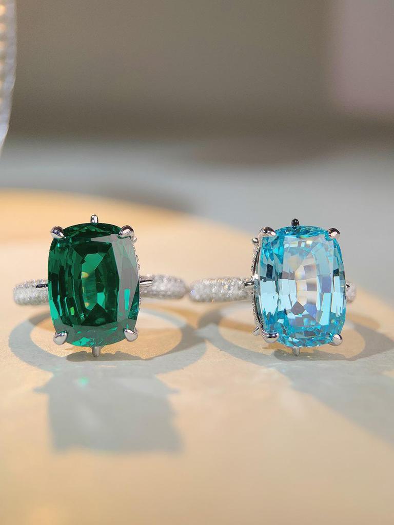 Jiu Mei S925 Sterling Silver Aquamarine Ring with 10 Carat High Carbon Diamond Zircon for Women.