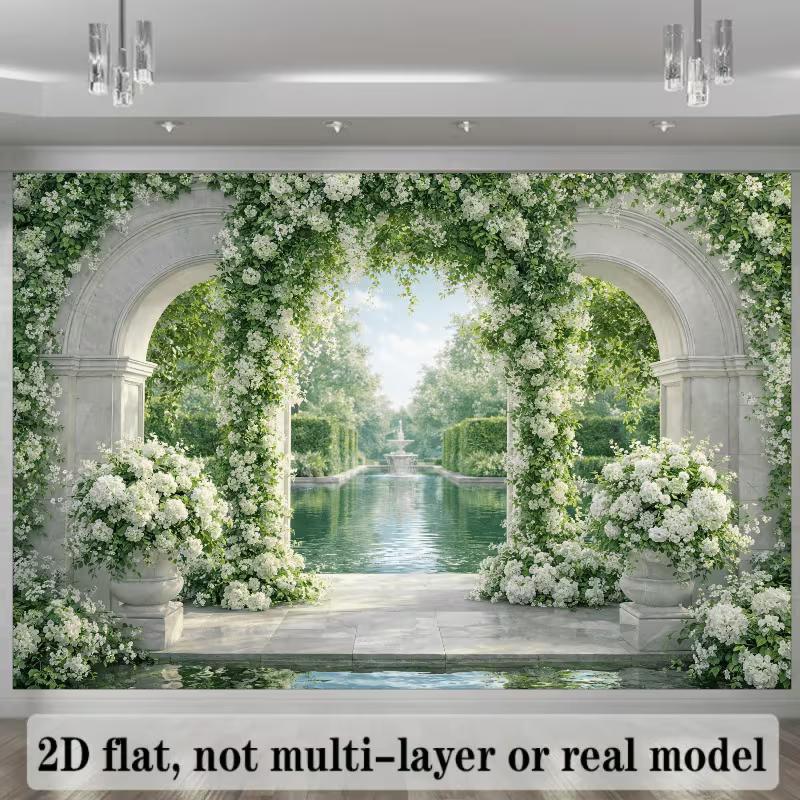 2D Elegant Garden Fountain Arch Wedding Photo Background