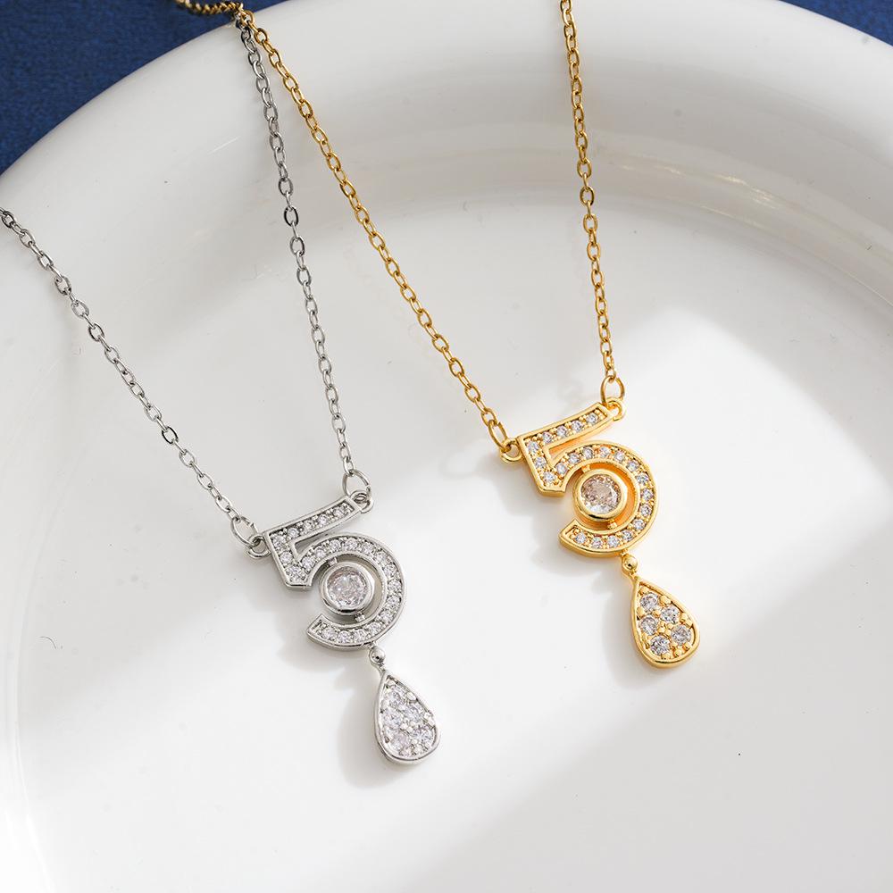 Titanium Steel Full Diamond Necklace, Size 5, Tassel & Water Drop Design for Women - Light Luxury Style
