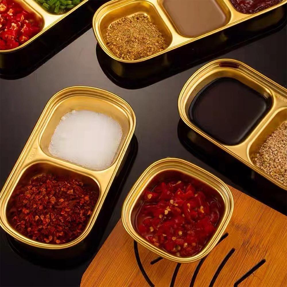 Golden Korean Style Stainless Steel Divided Dip Bowls Sauce Plate Seasoning Dipping Condiment Tray for BBQ Vinegar Spice Ketchup