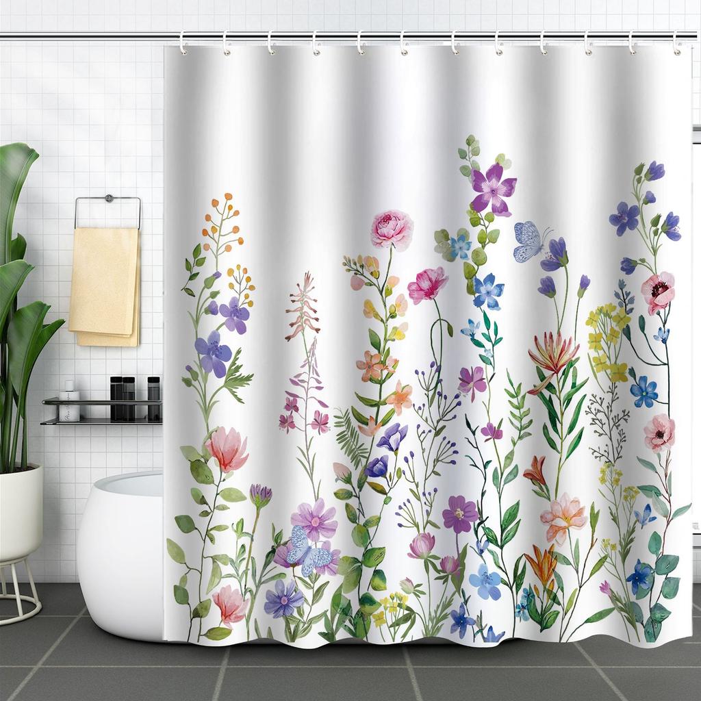 Green Plant Waterproof and Mildew-proof Polyester Bathroom Shower Curtain Shower Curtain Partition Curtain Free of Punching