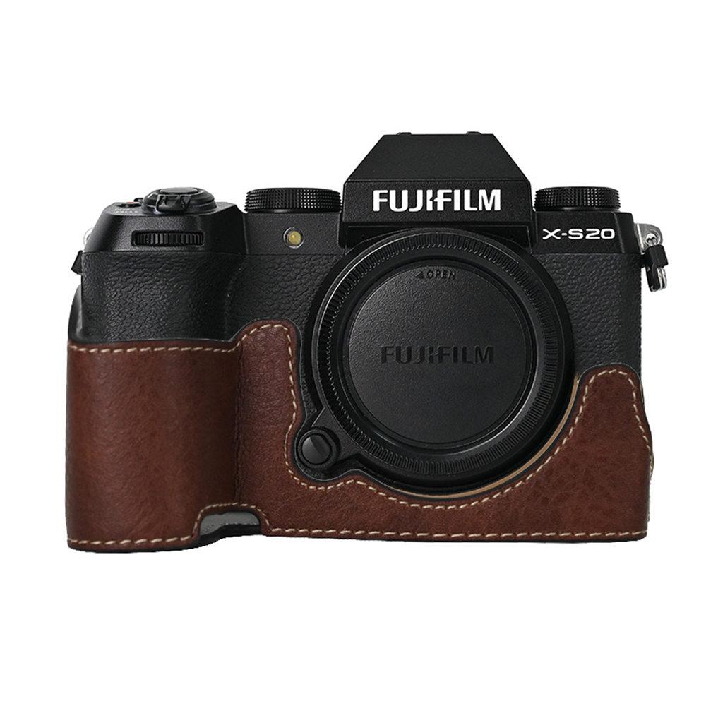 Magnetický PU kožený poloviční kryt na fotoaparát pro Fujifilm XS20 Fuji X-S20 s texturou kůže liči a spodním otevíracím krytem