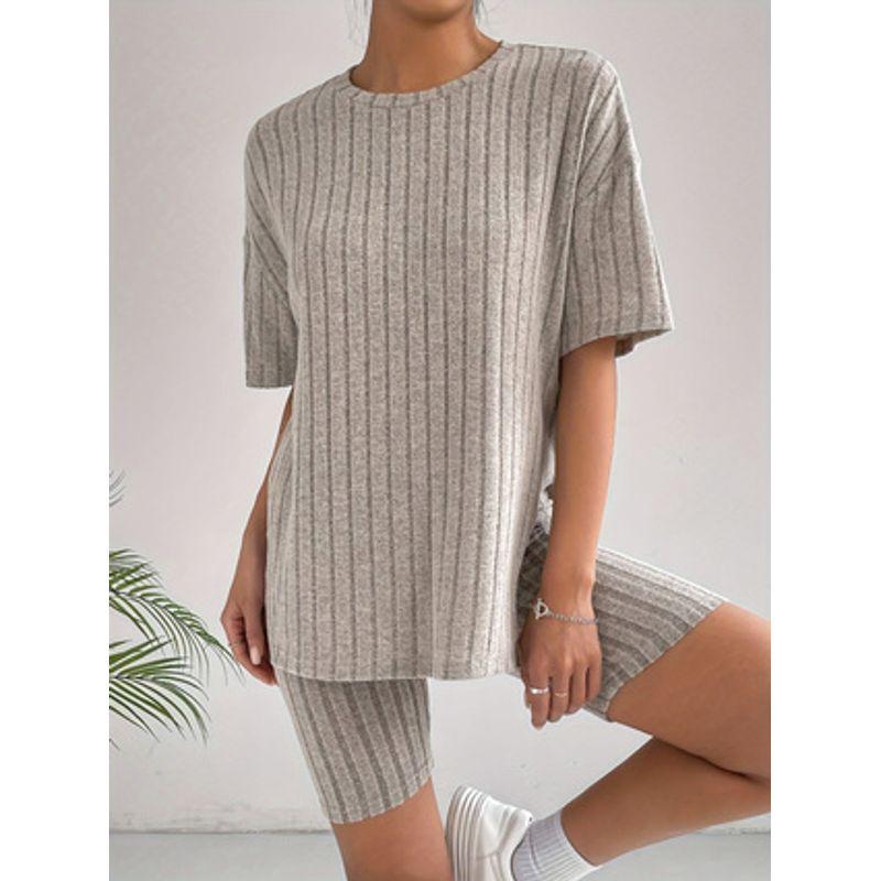 

European and American New Fashion Casual Solid Spring round Neck Loose Women clothes Shorts Set Light gray XL