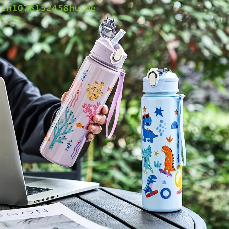 Cute Dinosaur Rainbow Straw Water Bottle, Portable, Large Capacity, Reusable, Lightweight, Outdoor, Camping, Picnic, 800ml