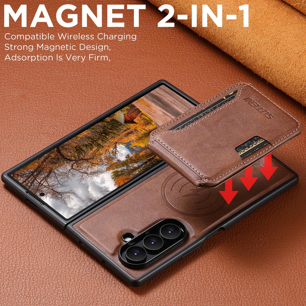 SUTENI Magnet Wireless Charging Luxury Faux Leather Phone Case Card Holder Stand for Samsung Galaxy Z Fold 7 6