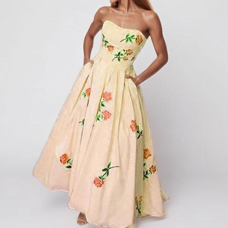 European American Women's Floral Square Neck Spring Dress with Slit