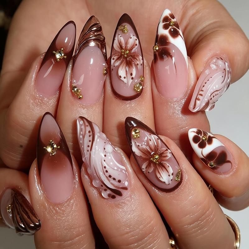 24-Piece Pink French Medium Tube Nail Tips with 3D Flowers & Leopard Print