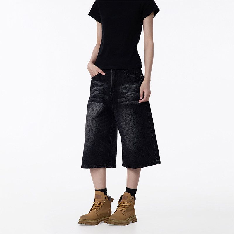 Black of Exit American Retro Washed Denim Shorts Unisex A-Line Loose Fit Cropped Pants Trendy