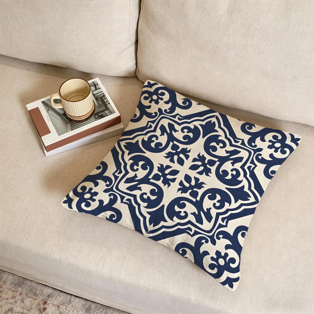 P-Iberian Floral Tile Cushion Cover Fabric Soft Furnishing,Pillowcase, Cushion Cover, Sofa Pillow, Home Decoration