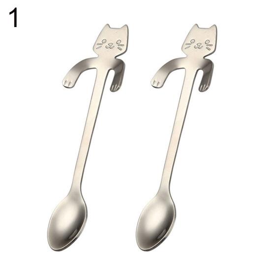 2 st Rostfri Sked Tecknad Katt Långt Handtag Härligt Dessert Soppa Bestick