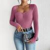 Women's U-Neck Long Sleeve Pleated Slim Fit Casual T-Shirt