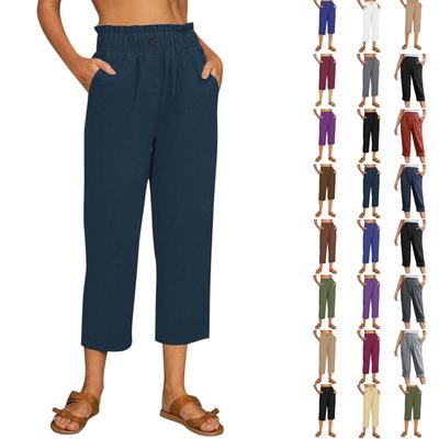 Lockere, lässige Hose aus Baumwolle und Leinen für Damen, einfarbig, elastische Taille, Tasche, verkürzte Hose